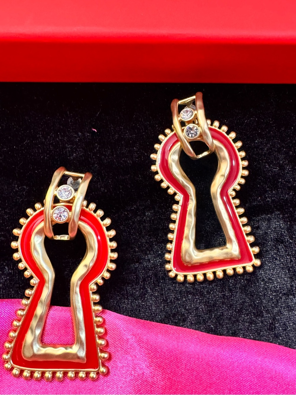 Schiaparelli inspired Gold & Red Keyhole Drop Earrings